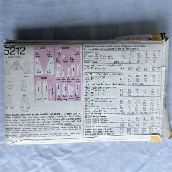 70s SIMPLICITY Pattern 5212 Misses Blazer Skirt Pants Size 14 Bust 36 CUT - Picture 2 of 2